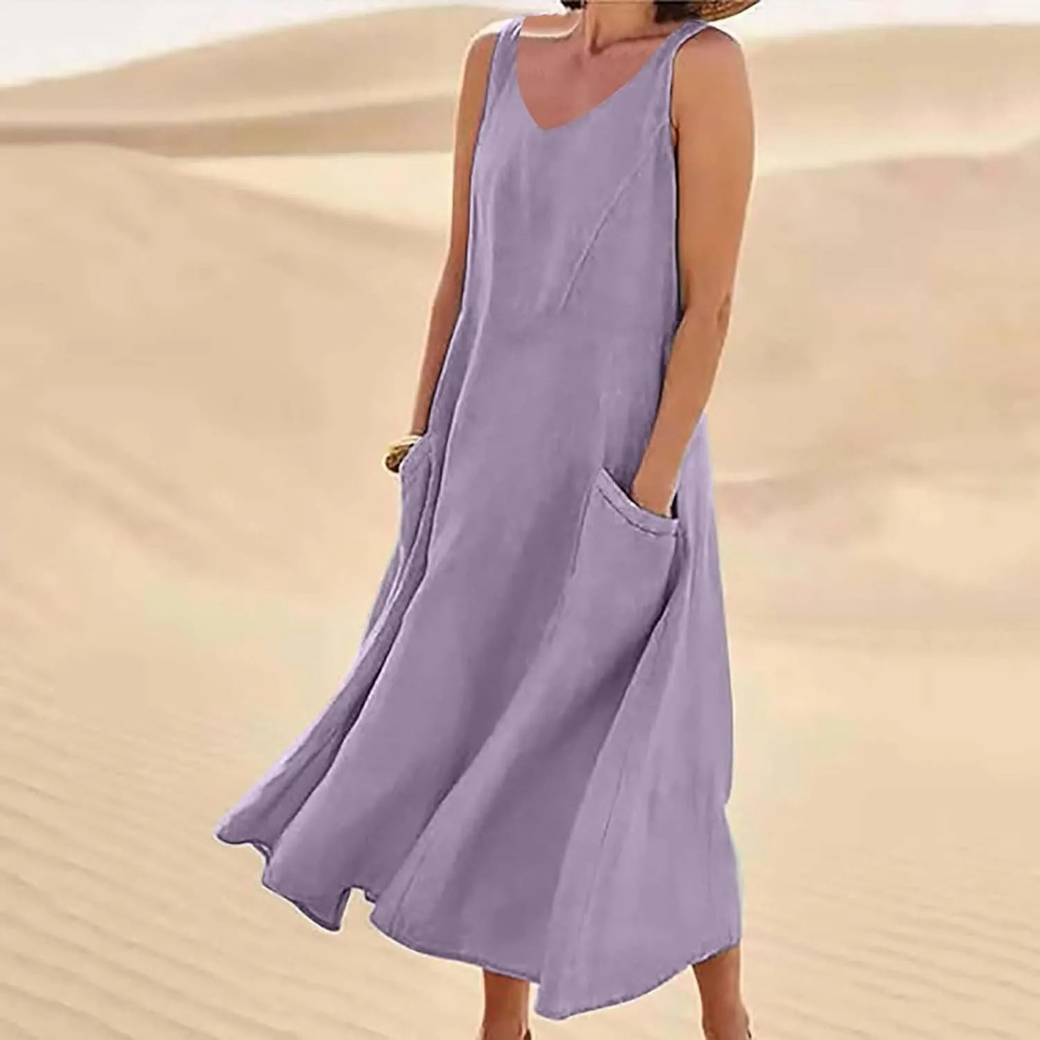 Summer Cotton Linen Long Dress for Women 2025 Sleeveless Boho Flowy Dresses Plus Size Loose Comfy Dress with Pockets