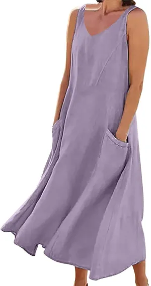 Summer Cotton Linen Long Dress for Women 2025 Sleeveless Boho Flowy Dresses Plus Size Loose Comfy Dress with Pockets