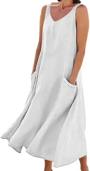 Summer Cotton Linen Long Dress for Women 2025 Sleeveless Boho Flowy Dresses Plus Size Loose Comfy Dress with Pockets