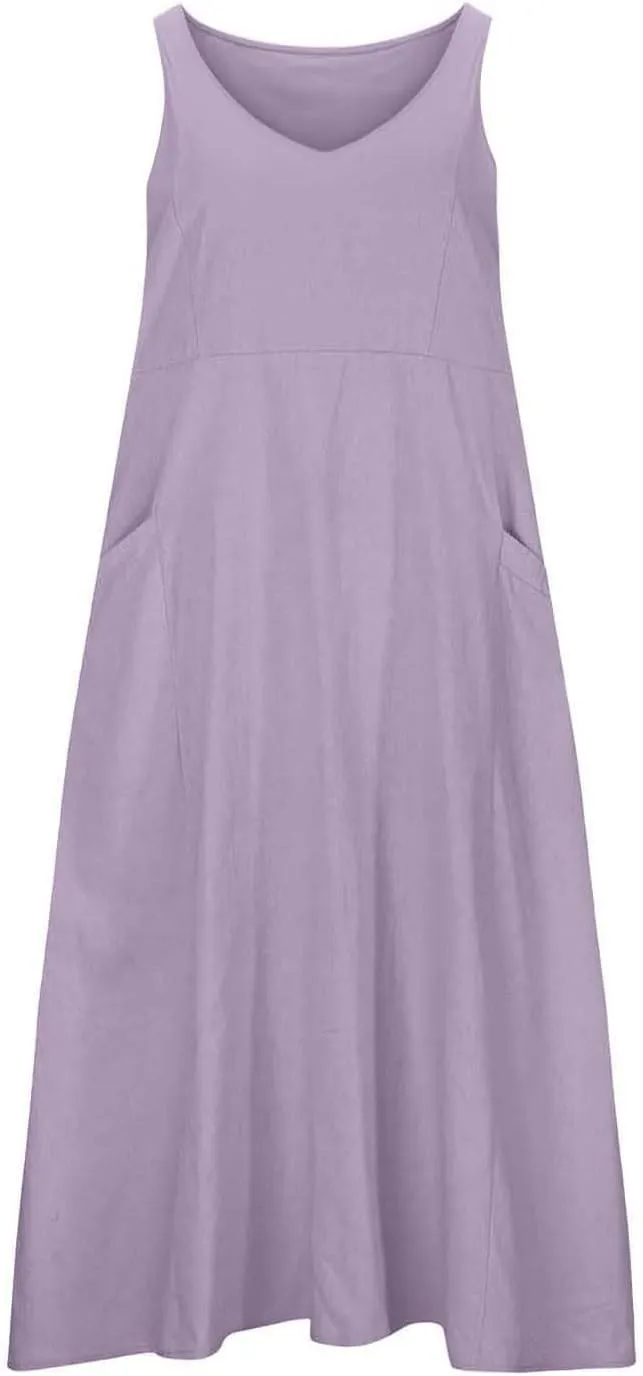 Summer Cotton Linen Long Dress for Women 2025 Sleeveless Boho Flowy Dresses Plus Size Loose Comfy Dress with Pockets