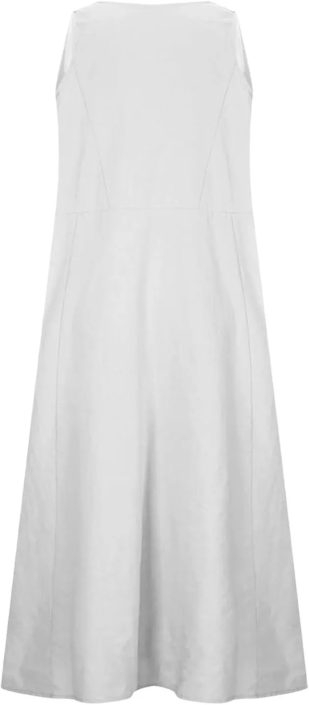 Summer Cotton Linen Long Dress for Women 2025 Sleeveless Boho Flowy Dresses Plus Size Loose Comfy Dress with Pockets