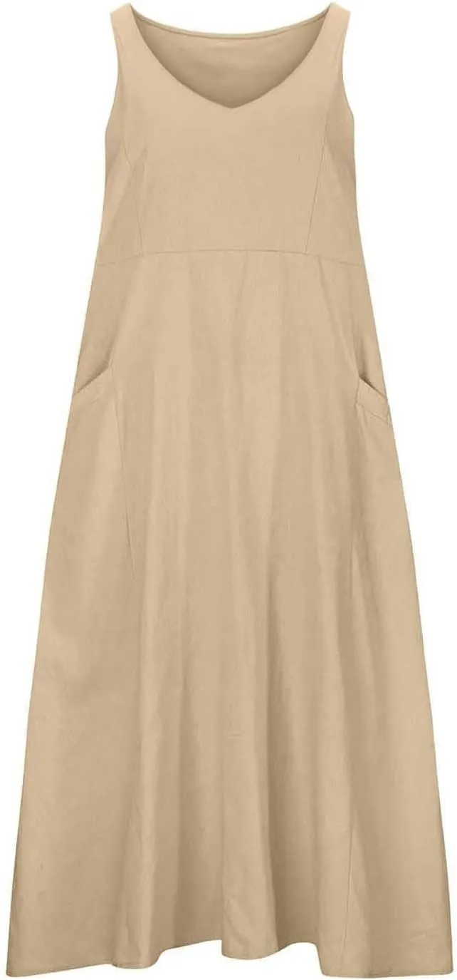 Summer Cotton Linen Long Dress for Women 2025 Sleeveless Boho Flowy Dresses Plus Size Loose Comfy Dress with Pockets