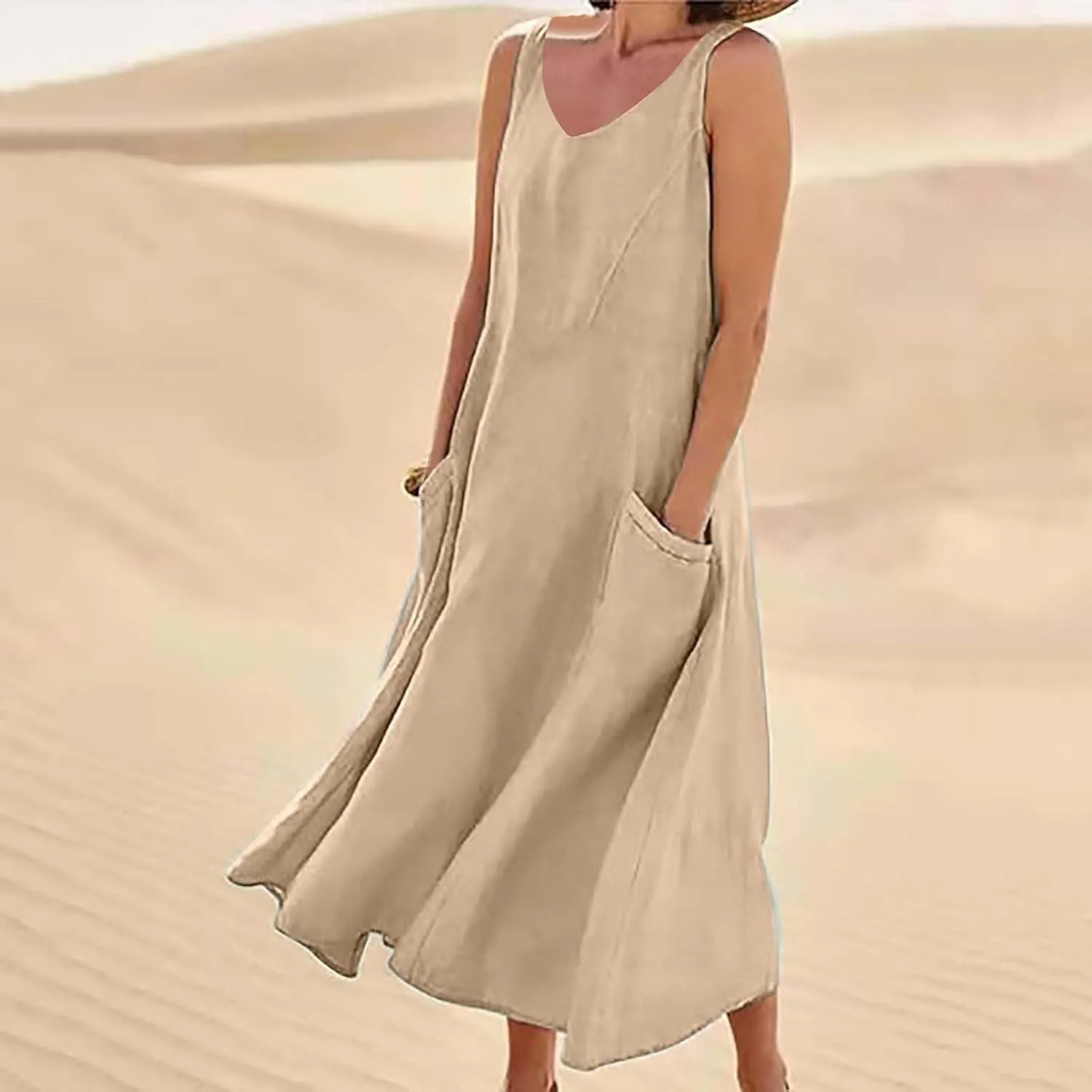 Summer Cotton Linen Long Dress for Women 2025 Sleeveless Boho Flowy Dresses Plus Size Loose Comfy Dress with Pockets