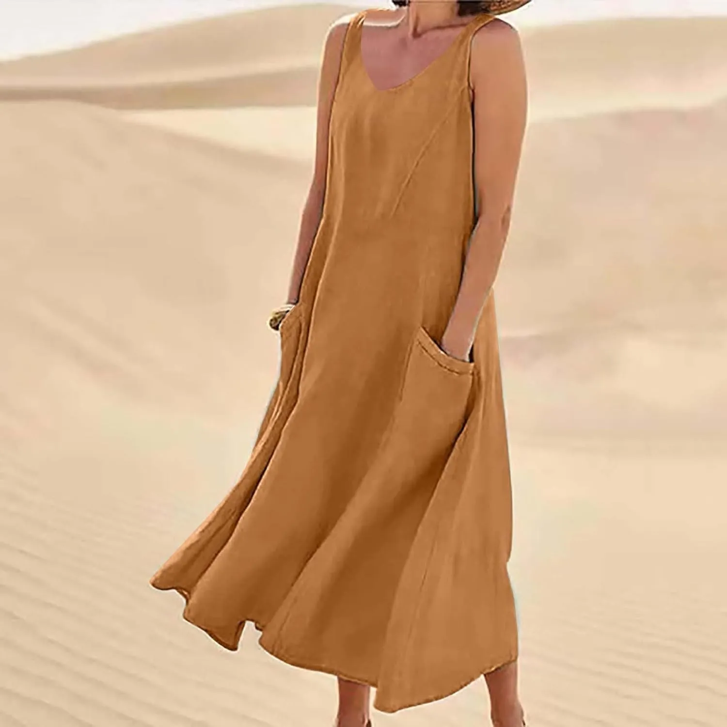 Summer Cotton Linen Long Dress for Women 2025 Sleeveless Boho Flowy Dresses Plus Size Loose Comfy Dress with Pockets