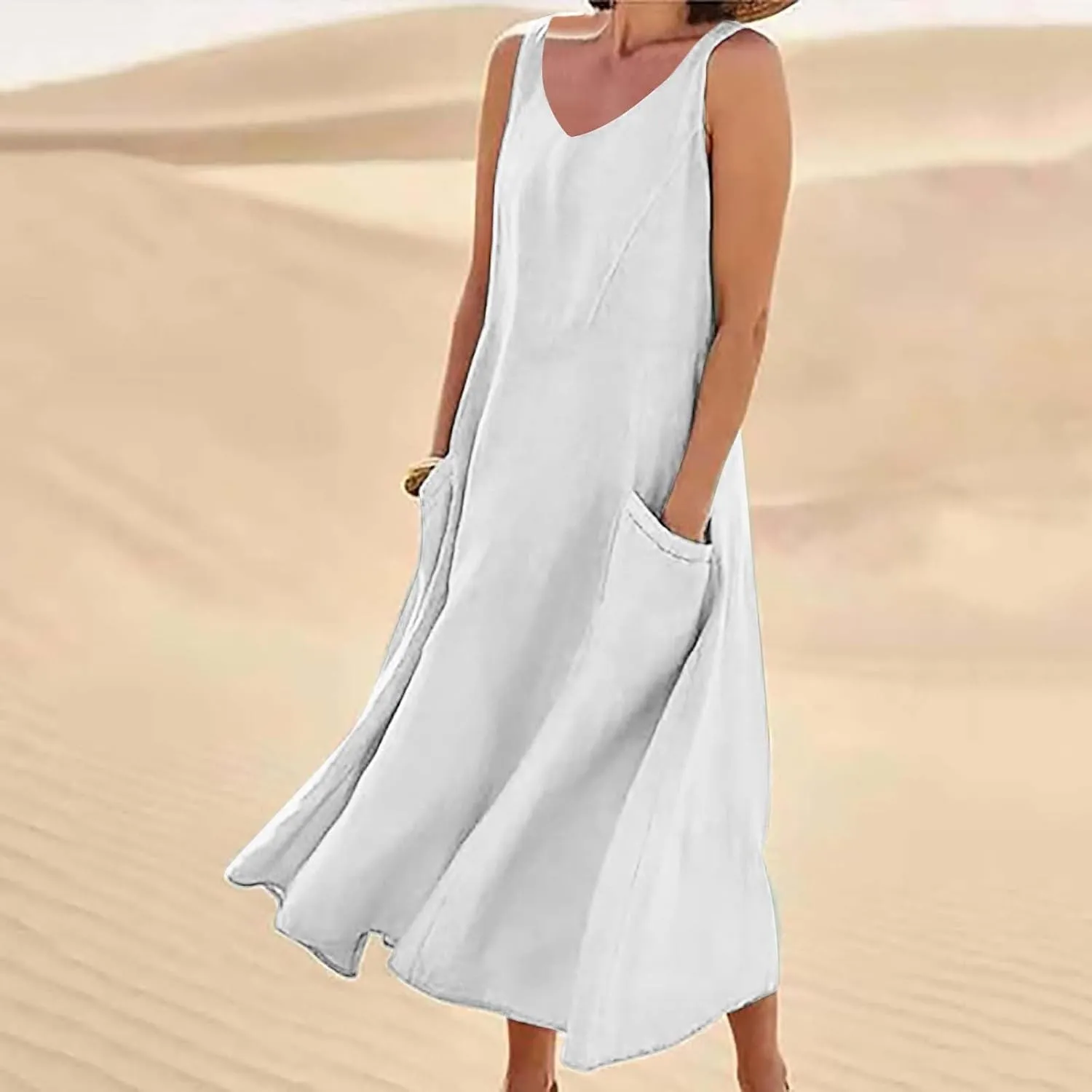 Summer Cotton Linen Long Dress for Women 2025 Sleeveless Boho Flowy Dresses Plus Size Loose Comfy Dress with Pockets