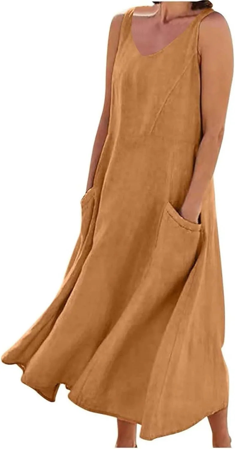 Summer Cotton Linen Long Dress for Women 2025 Sleeveless Boho Flowy Dresses Plus Size Loose Comfy Dress with Pockets