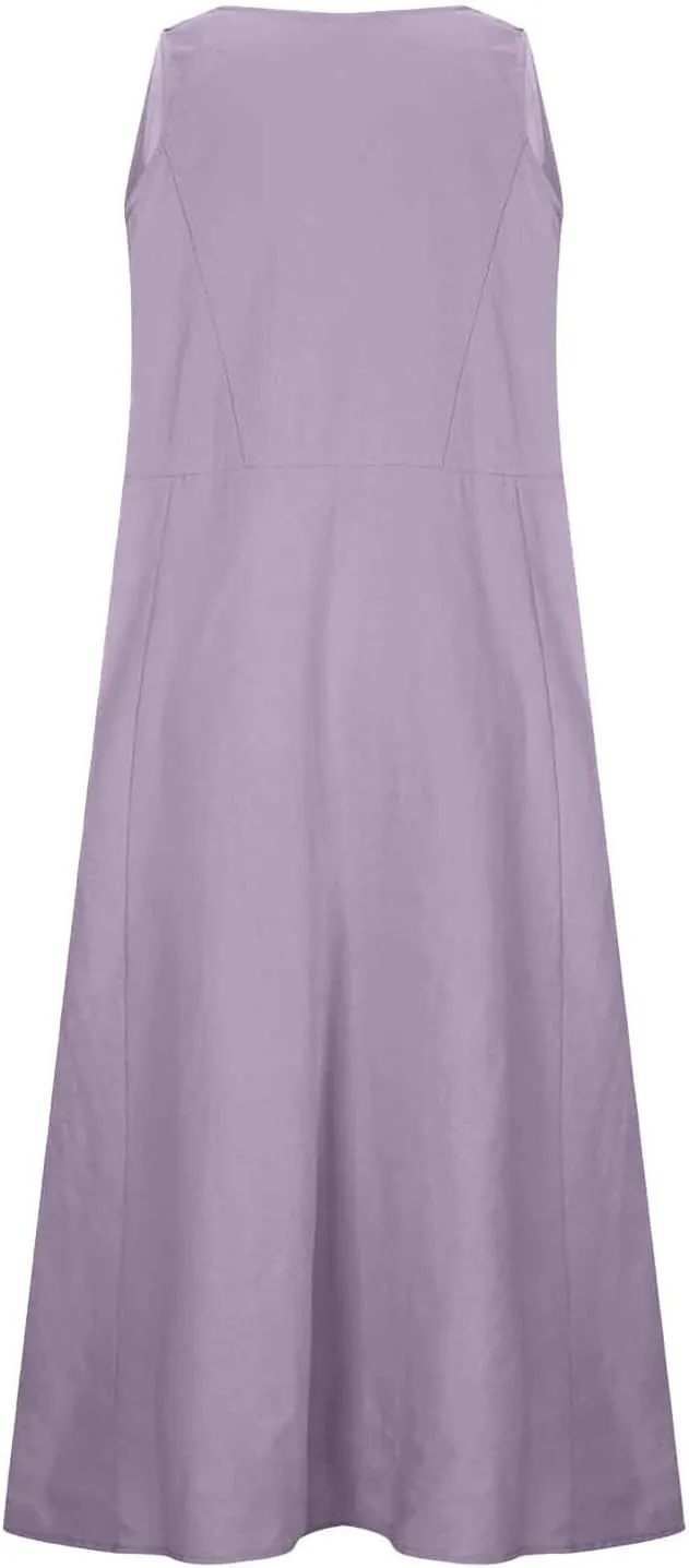 Summer Cotton Linen Long Dress for Women 2025 Sleeveless Boho Flowy Dresses Plus Size Loose Comfy Dress with Pockets