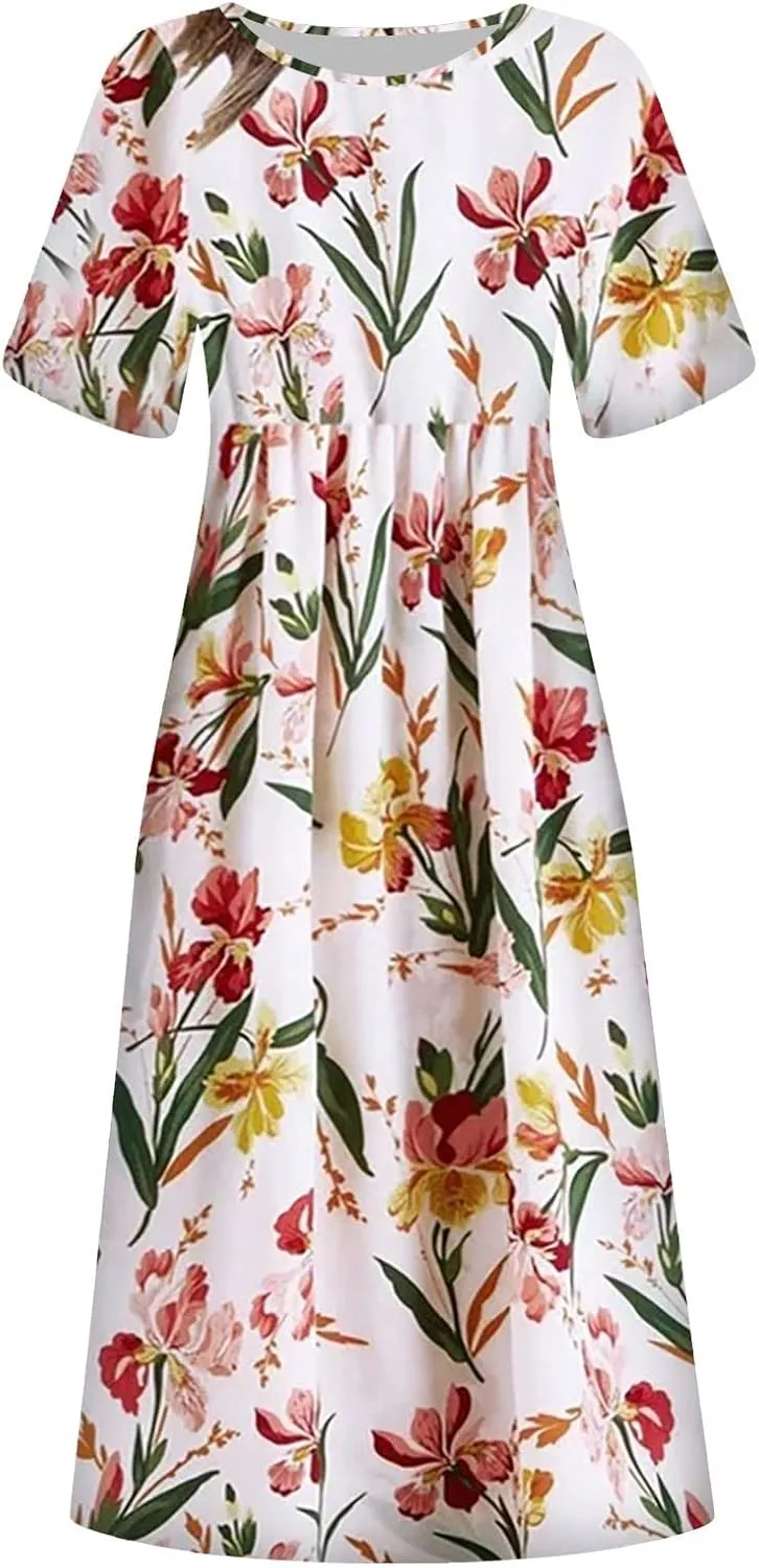 Summer Dresses for Women 2024 Boho Floral Dress Short Sleeve Flowy A Line Swing Midi Dresses Cruise Beach Vacation Sundresses