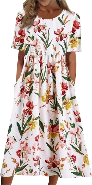 Summer Dresses for Women 2024 Boho Floral Dress Short Sleeve Flowy A Line Swing Midi Dresses Cruise Beach Vacation Sundresses