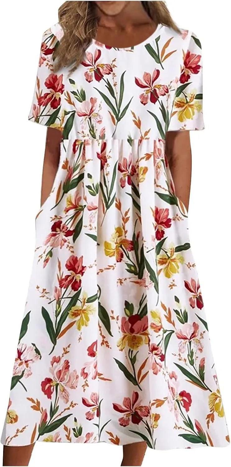 Summer Dresses for Women 2024 Boho Floral Dress Short Sleeve Flowy A Line Swing Midi Dresses Cruise Beach Vacation Sundresses