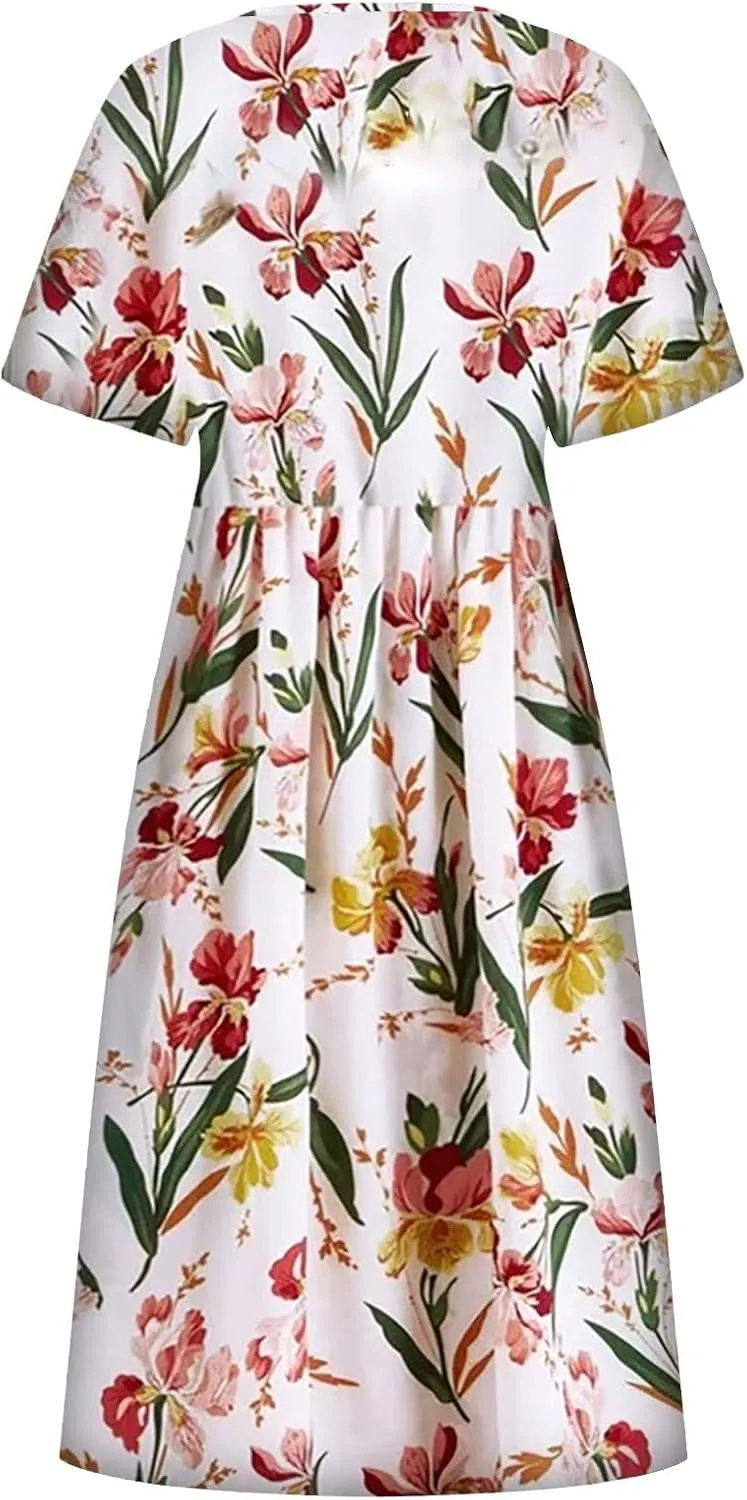 Summer Dresses for Women 2024 Boho Floral Dress Short Sleeve Flowy A Line Swing Midi Dresses Cruise Beach Vacation Sundresses