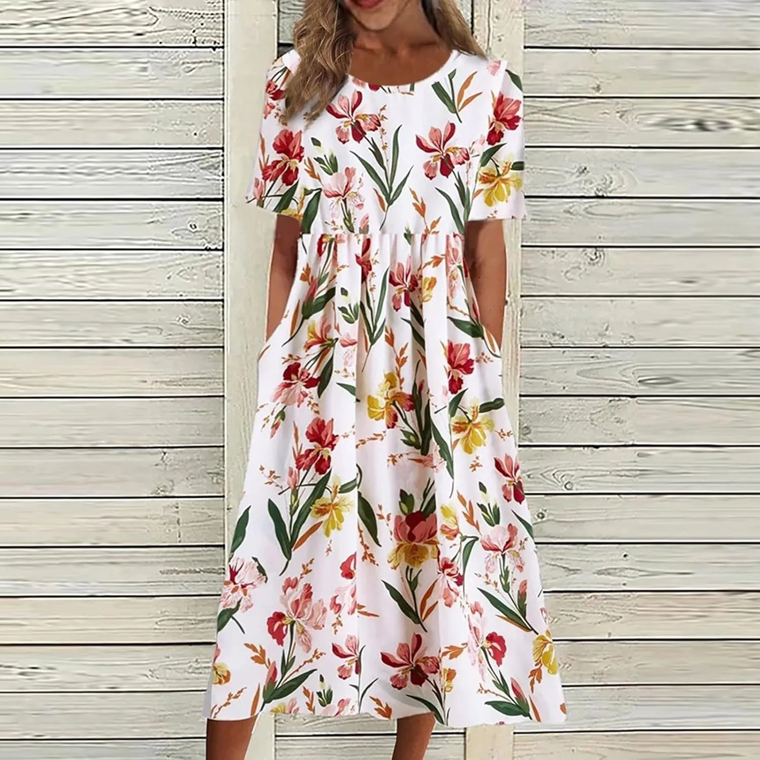 Summer Dresses for Women 2024 Boho Floral Dress Short Sleeve Flowy A Line Swing Midi Dresses Cruise Beach Vacation Sundresses