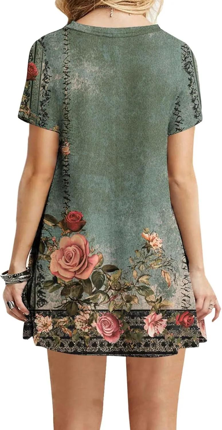 Summer Dresses for Women 2025 Casual Loose Fit Dress Cute Print Crewneck Short Sleeve Mini Dress with Pockets