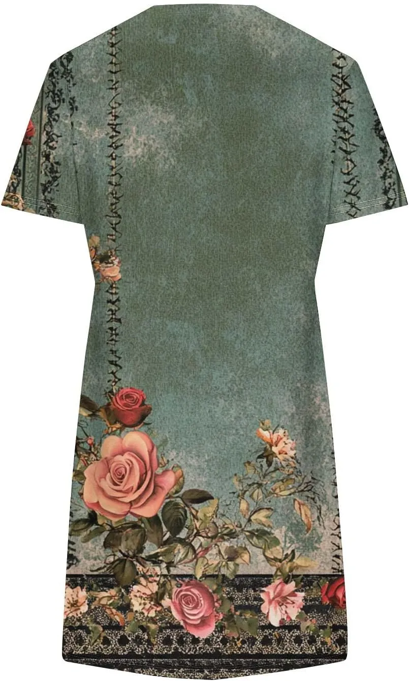Summer Dresses for Women 2025 Casual Loose Fit Dress Cute Print Crewneck Short Sleeve Mini Dress with Pockets