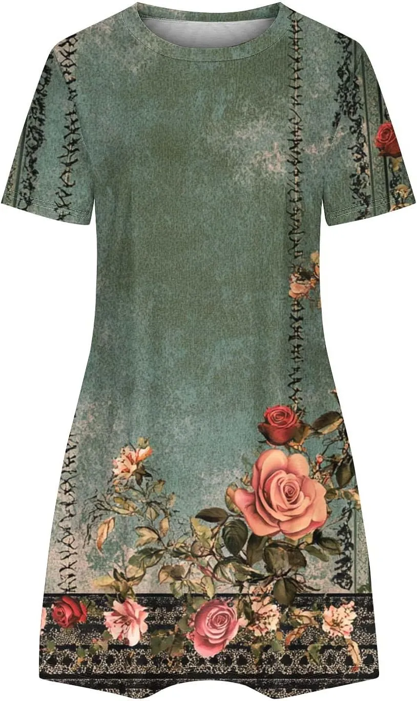 Summer Dresses for Women 2025 Casual Loose Fit Dress Cute Print Crewneck Short Sleeve Mini Dress with Pockets