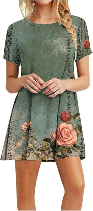 Summer Dresses for Women 2025 Casual Loose Fit Dress Cute Print Crewneck Short Sleeve Mini Dress with Pockets