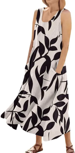 Summer Dresses for Women 2025 Linen Plus Size Tank Sundresses Beach Vacation Sleeveless Floral Dress with Pockets