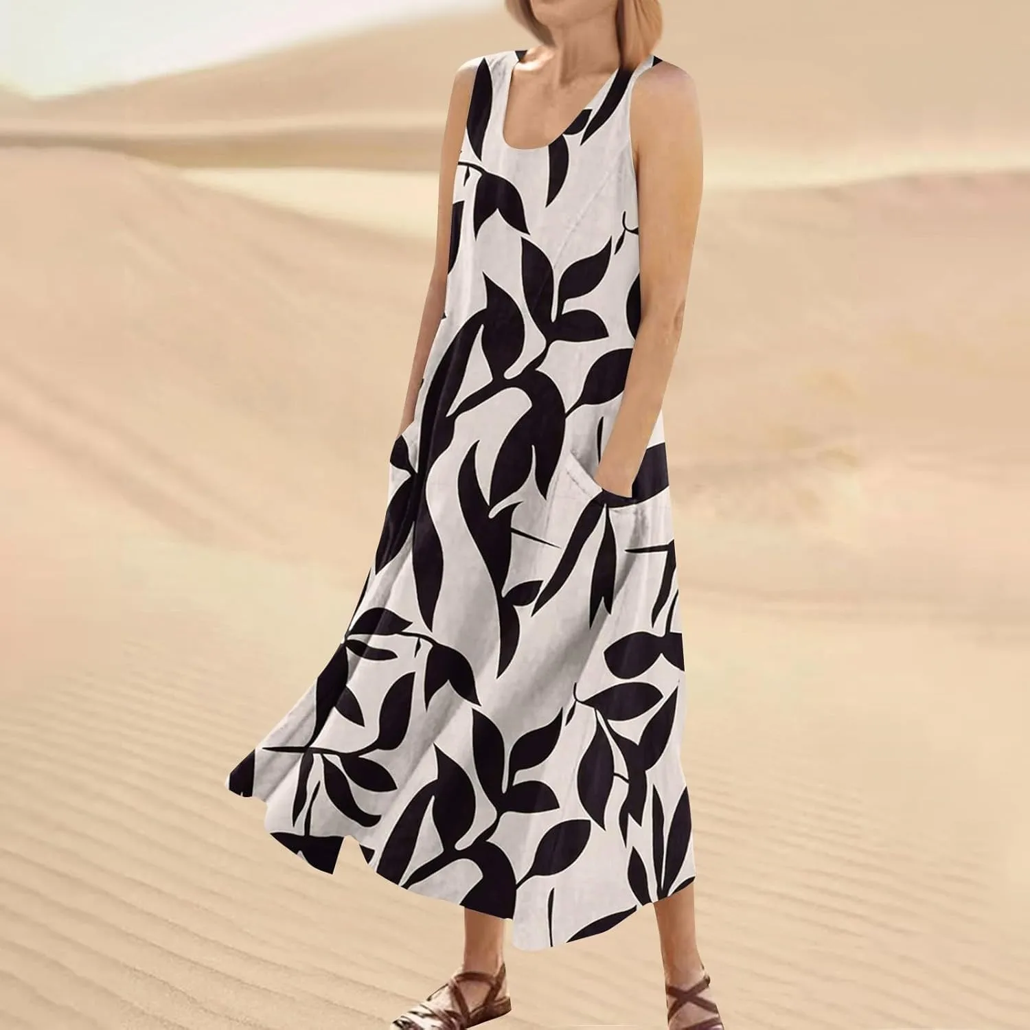 Summer Dresses for Women 2025 Linen Plus Size Tank Sundresses Beach Vacation Sleeveless Floral Dress with Pockets