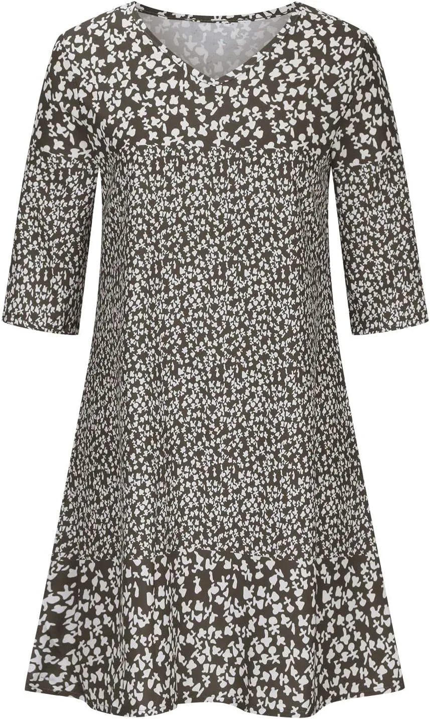 Summer Dresses for Women 2025 Vacation Floral Print 3/4 Sleeve V Neck Dress Comfy Lightweight Casual Fashion Dress