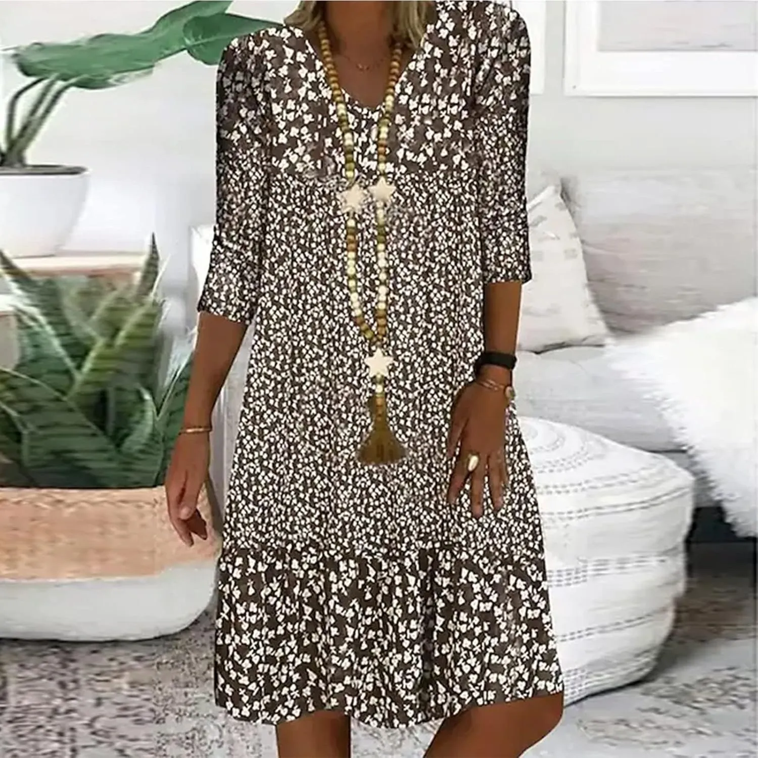 Summer Dresses for Women 2025 Vacation Floral Print 3/4 Sleeve V Neck Dress Comfy Lightweight Casual Fashion Dress