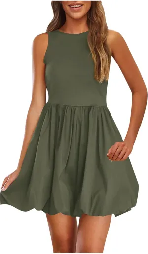 Summer Dresses Women 2025 Casual Sleeveless Tank Mini Short Dress Crew Neck Bubble Sundress Beach Wedding Guest Dress