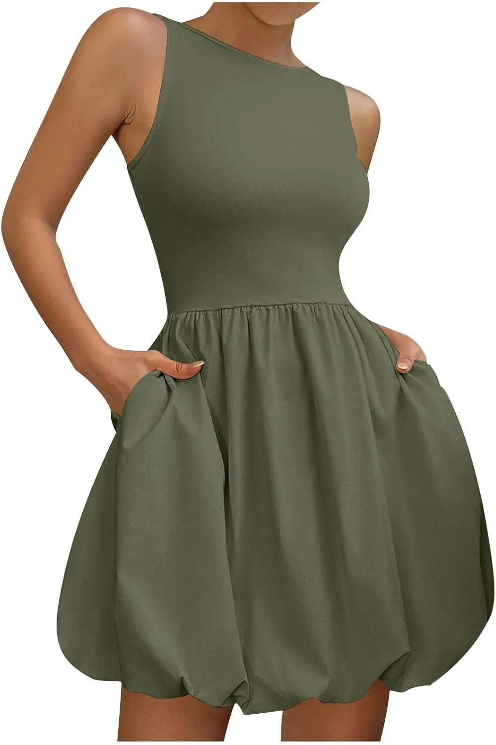 Summer Dresses Women 2025 Casual Sleeveless Tank Mini Short Dress Crew Neck Bubble Sundress Beach Wedding Guest Dress