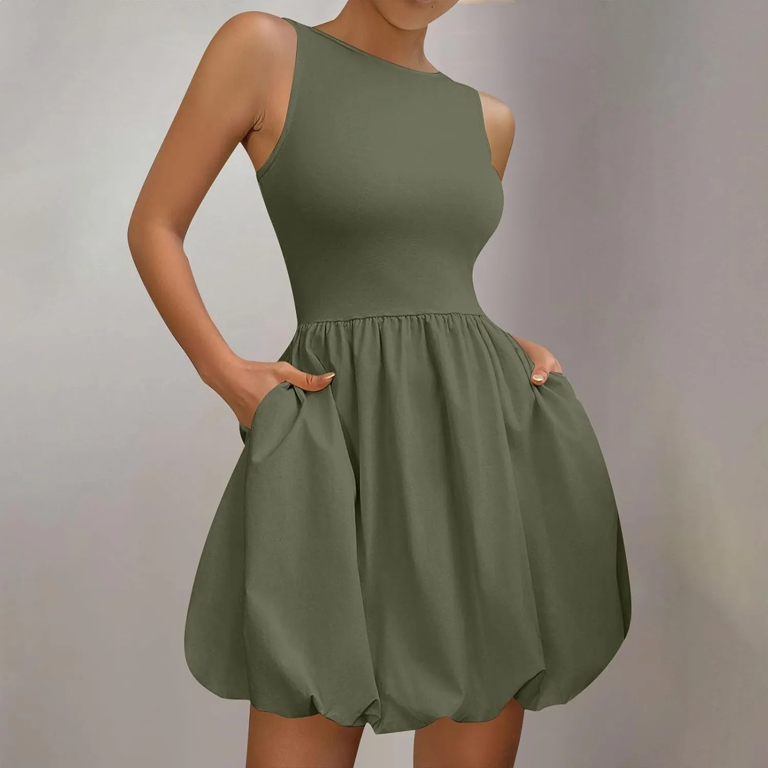 Summer Dresses Women 2025 Casual Sleeveless Tank Mini Short Dress Crew Neck Bubble Sundress Beach Wedding Guest Dress