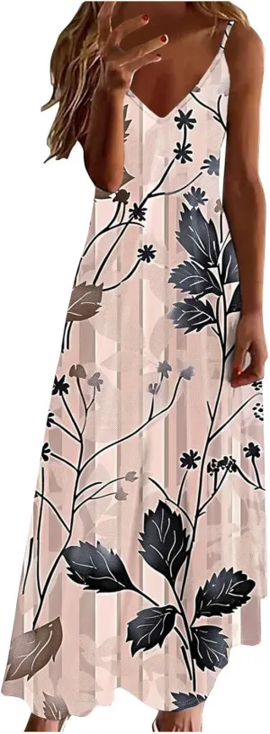 Summer Maxi Dresses for Women 2025 Casual Spaghetti Strape V Neck Sleeveless Dresses Floral Loose Fit Long Beach Dress