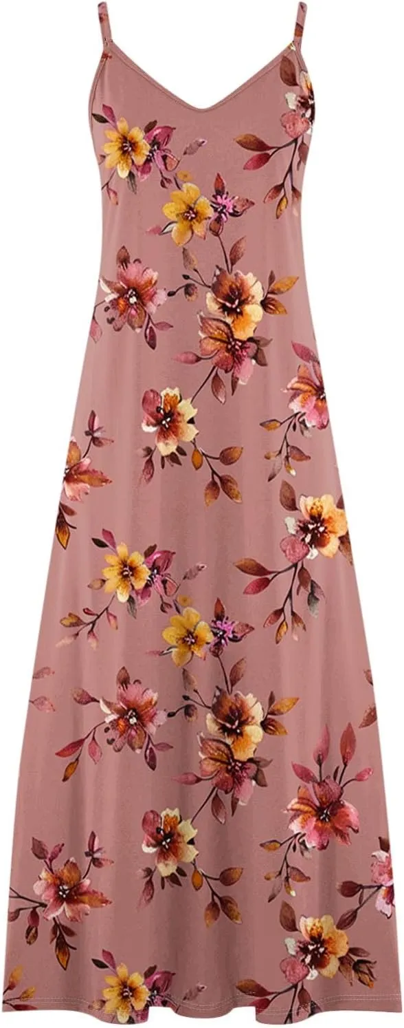 Summer Maxi Dresses for Women 2025 Casual Spaghetti Strape V Neck Sleeveless Dresses Floral Loose Fit Long Beach Dress
