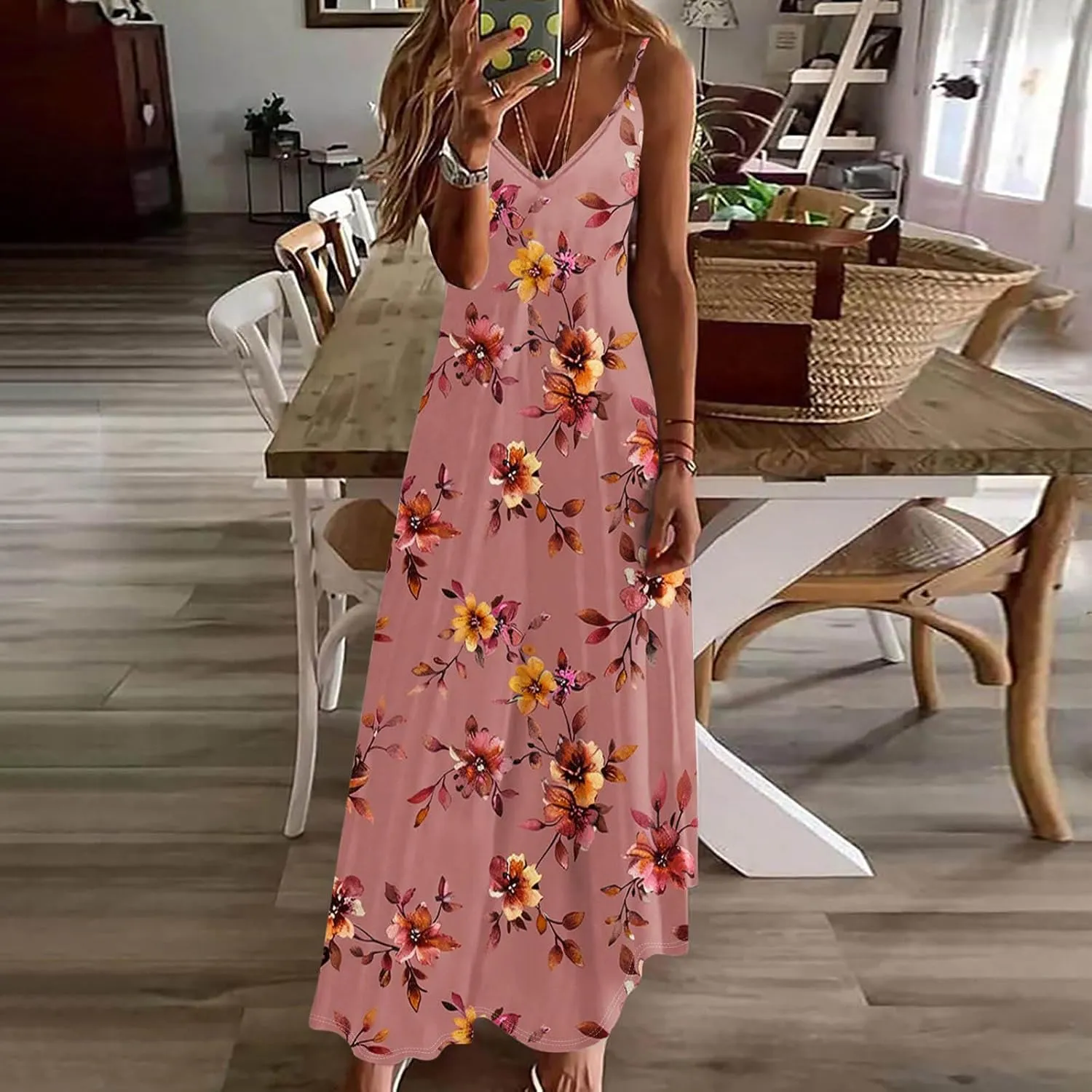 Summer Maxi Dresses for Women 2025 Casual Spaghetti Strape V Neck Sleeveless Dresses Floral Loose Fit Long Beach Dress
