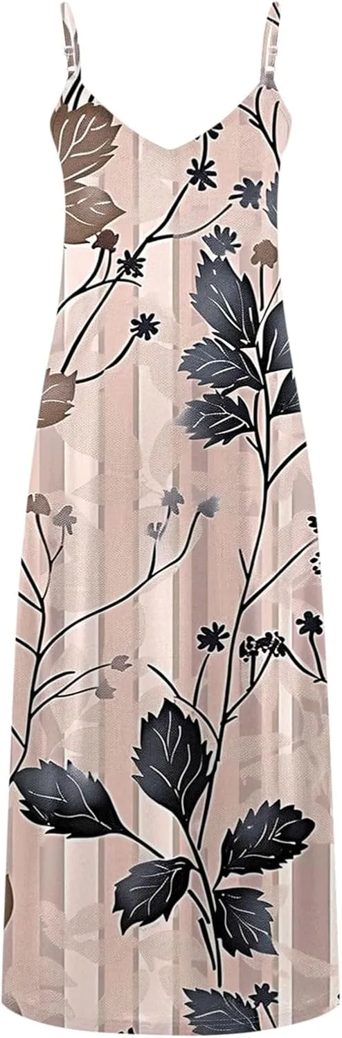 Summer Maxi Dresses for Women 2025 Casual Spaghetti Strape V Neck Sleeveless Dresses Floral Loose Fit Long Beach Dress