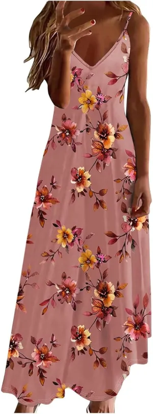 Summer Maxi Dresses for Women 2025 Casual Spaghetti Strape V Neck Sleeveless Dresses Floral Loose Fit Long Beach Dress