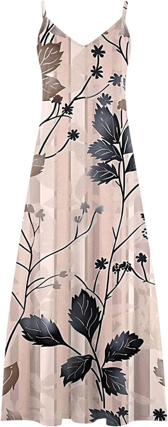 Summer Maxi Dresses for Women 2025 Casual Spaghetti Strape V Neck Sleeveless Dresses Floral Loose Fit Long Beach Dress