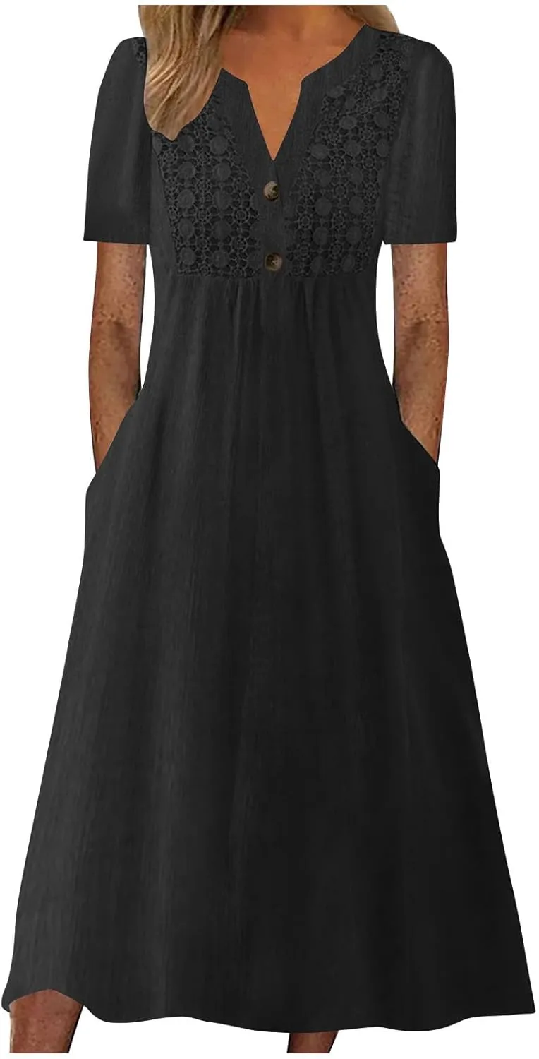 Summer T Shirt Dresses for Women 2024 Trendy V Neck Lace Embroidery Cotton Linen Short Sleeve Flowy Midi Dresses with Pockets