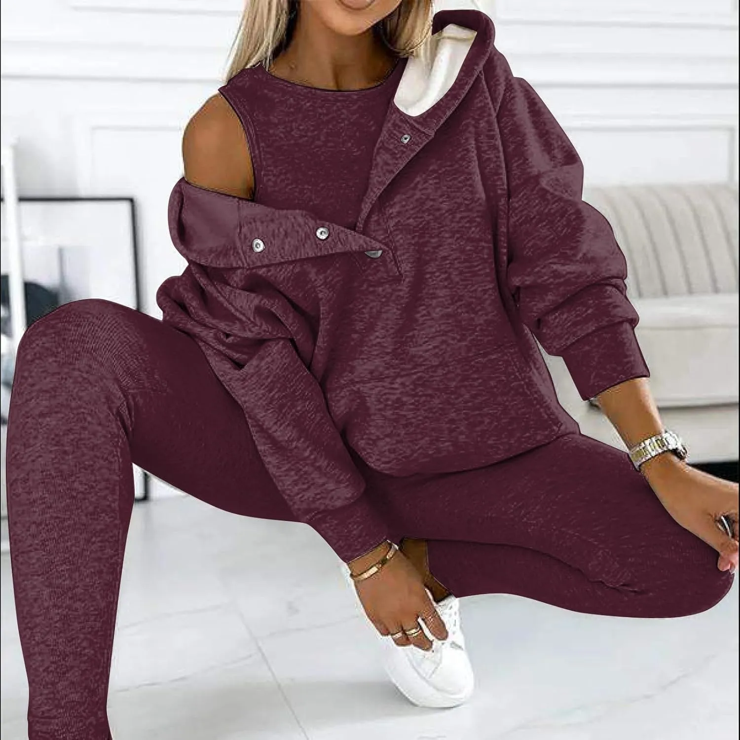Sweatsuit Set for Women 3 Piece Outfits Tracksuit Button Down Hoodies Crop Tank Top and Sweatpants Matching Sets