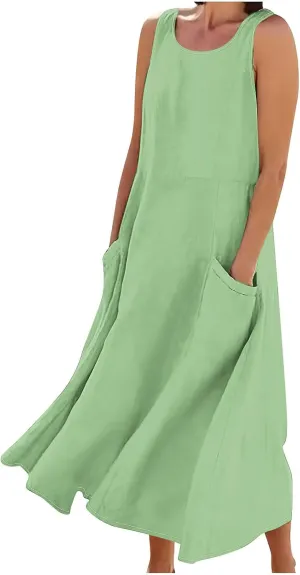 TANGNADE Women's Summer Cotton Linen Plus Size Long Dress Sleeveless Flowy Dresses Loose Comfy Dress with Pockets
