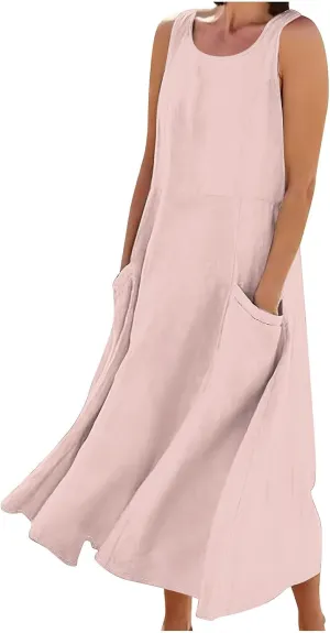 TANGNADE Women's Summer Cotton Linen Plus Size Long Dress Sleeveless Flowy Dresses Loose Comfy Dress with Pockets