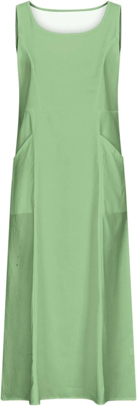TANGNADE Women's Summer Cotton Linen Plus Size Long Dress Sleeveless Flowy Dresses Loose Comfy Dress with Pockets