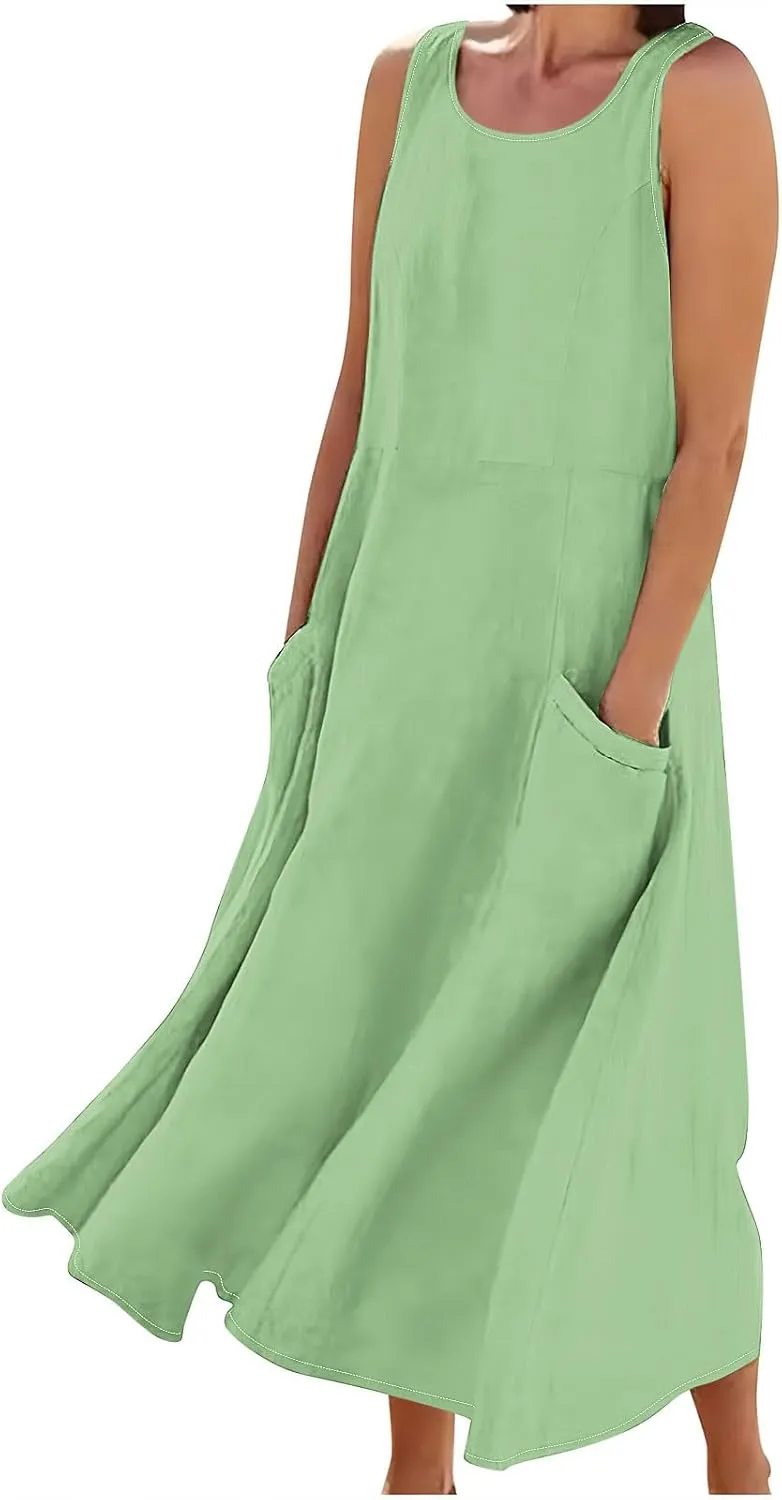 TANGNADE Women's Summer Cotton Linen Plus Size Long Dress Sleeveless Flowy Dresses Loose Comfy Dress with Pockets