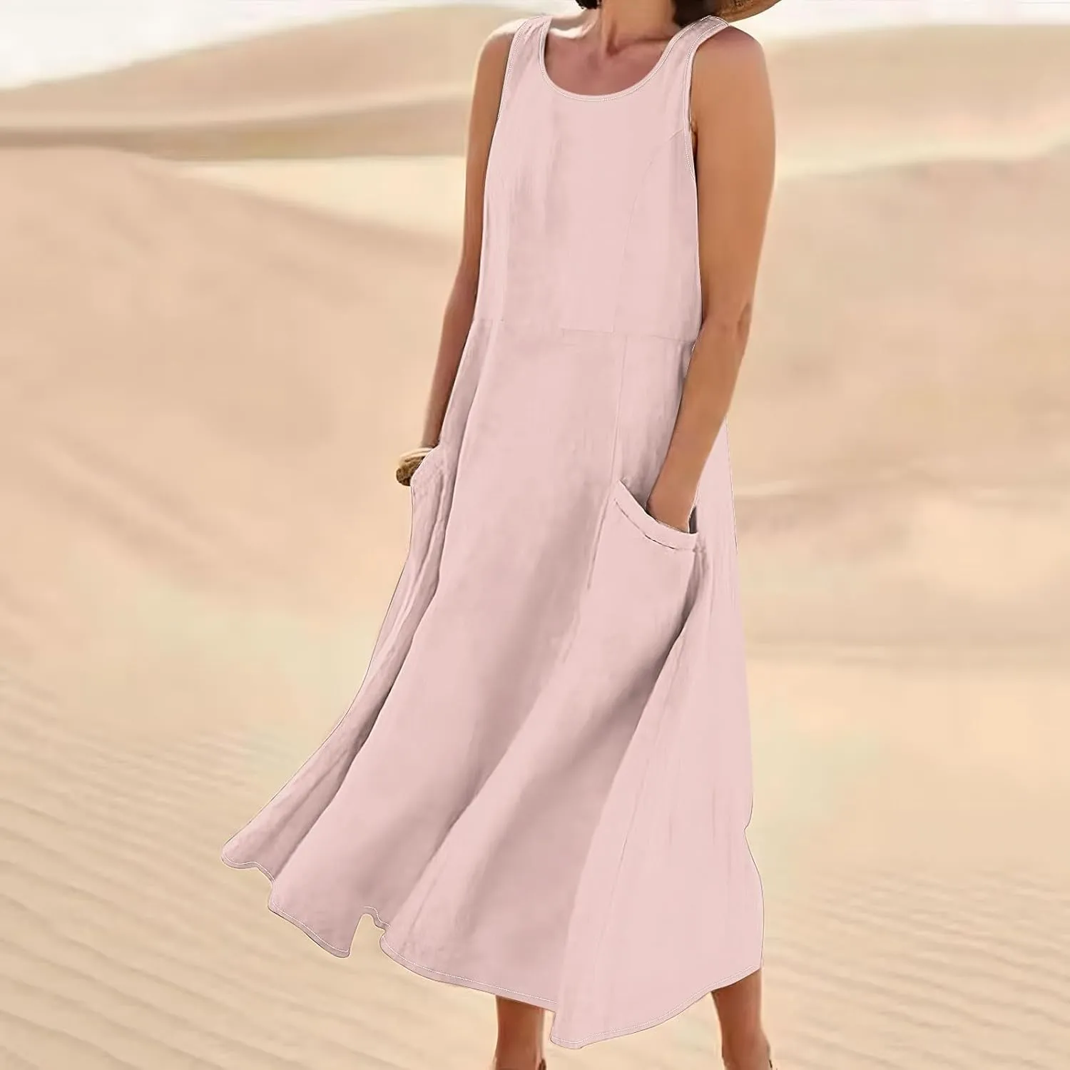 TANGNADE Women's Summer Cotton Linen Plus Size Long Dress Sleeveless Flowy Dresses Loose Comfy Dress with Pockets