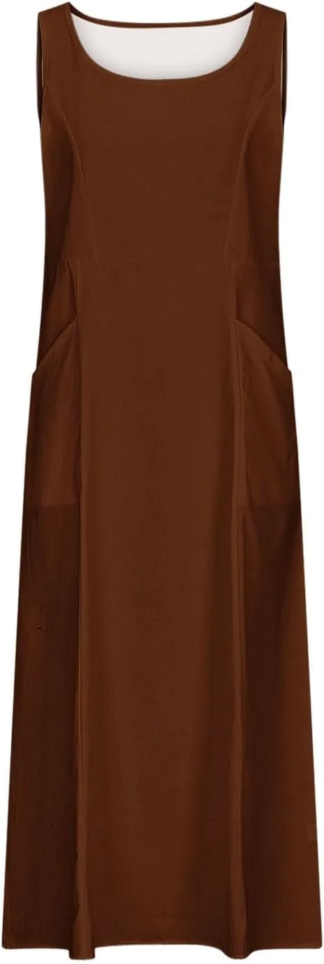 TANGNADE Women's Summer Cotton Linen Plus Size Long Dress Sleeveless Flowy Dresses Loose Comfy Dress with Pockets