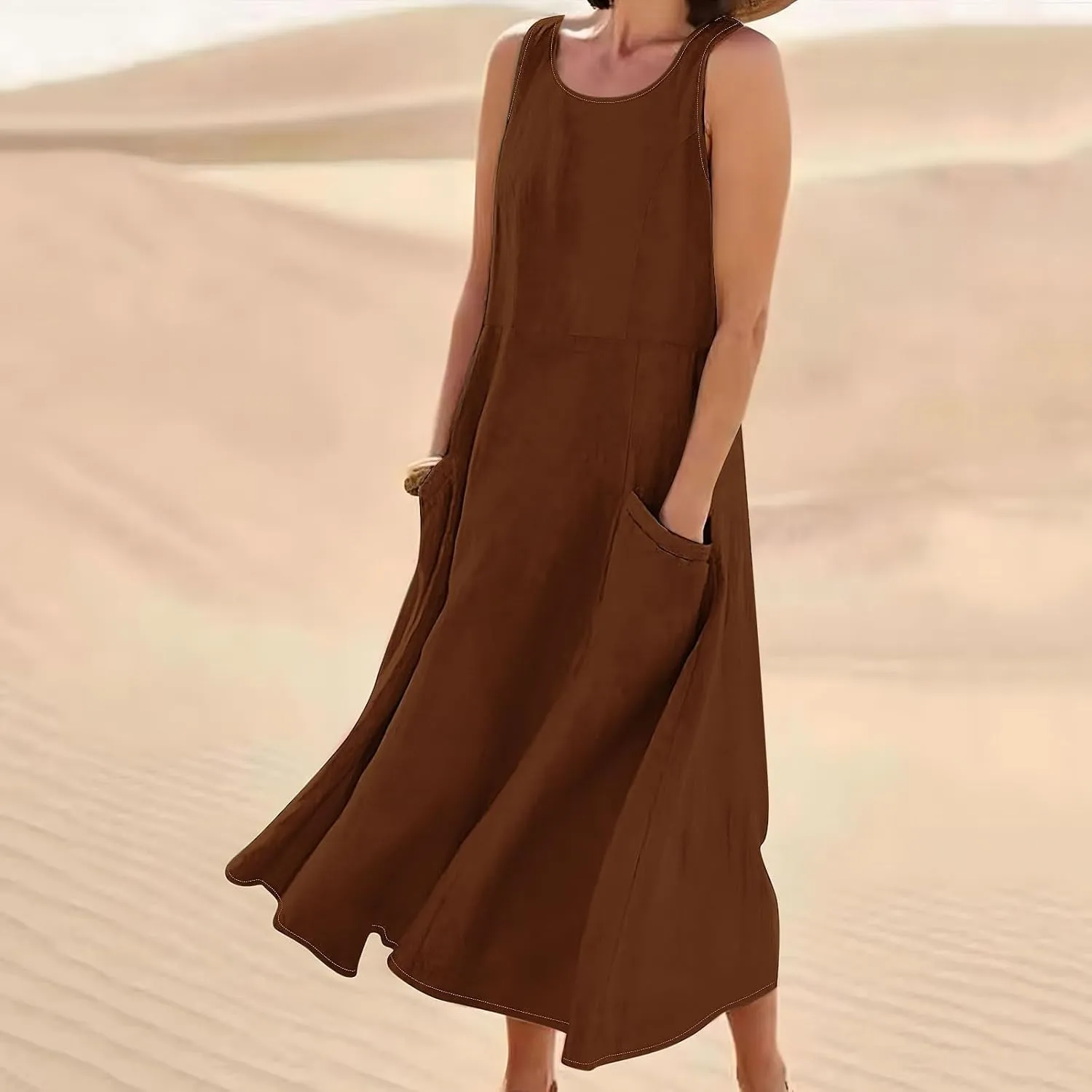 TANGNADE Women's Summer Cotton Linen Plus Size Long Dress Sleeveless Flowy Dresses Loose Comfy Dress with Pockets
