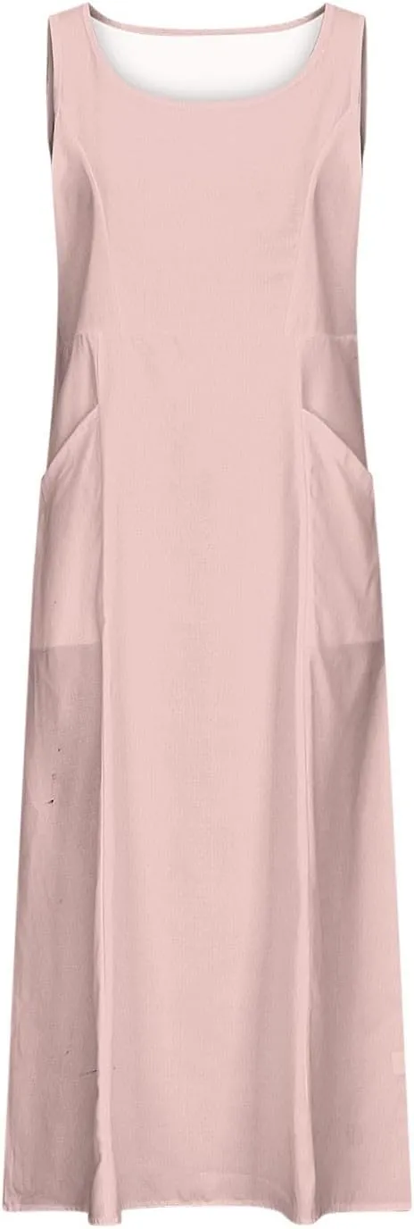 TANGNADE Women's Summer Cotton Linen Plus Size Long Dress Sleeveless Flowy Dresses Loose Comfy Dress with Pockets