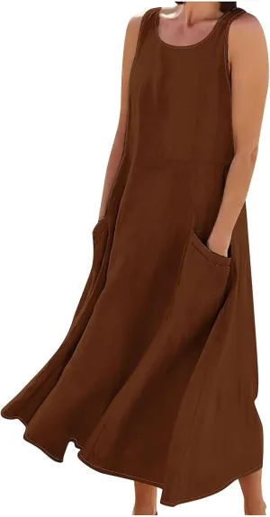 TANGNADE Women's Summer Cotton Linen Plus Size Long Dress Sleeveless Flowy Dresses Loose Comfy Dress with Pockets
