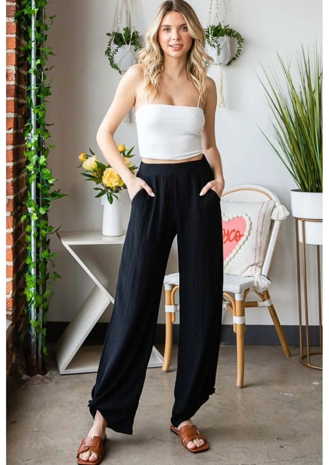 Textured Tie Hem Pants Made in USA - Clearance Final Sale