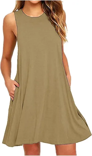 Trendy Women Summer Lace Hem Tank Dresses Casual Sleeveless Beachwear Round Neck Solid Color Comfy Dress with Pocket