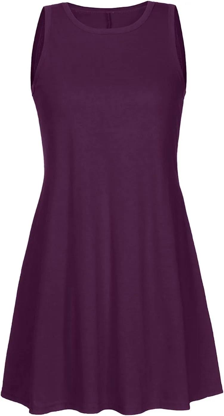 Trendy Women Summer Lace Hem Tank Dresses Casual Sleeveless Beachwear Round Neck Solid Color Comfy Dress with Pocket