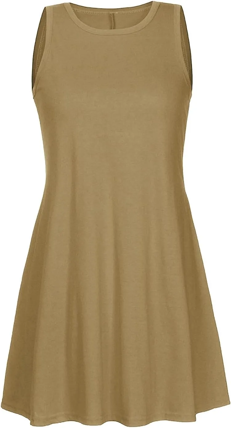 Trendy Women Summer Lace Hem Tank Dresses Casual Sleeveless Beachwear Round Neck Solid Color Comfy Dress with Pocket