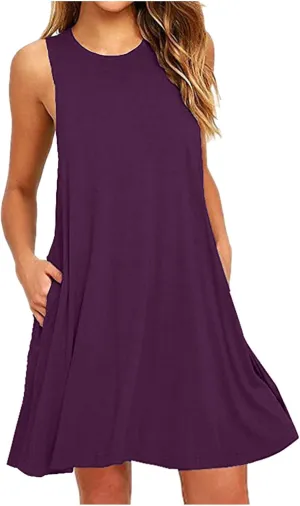 Trendy Women Summer Lace Hem Tank Dresses Casual Sleeveless Beachwear Round Neck Solid Color Comfy Dress with Pocket