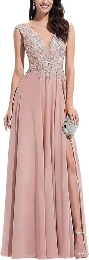 V Neck Sleeveless Formal Prom Dress for Party Lace Appliques Chiffon Evening Dress with Slit for Women Dusty Rose US18W